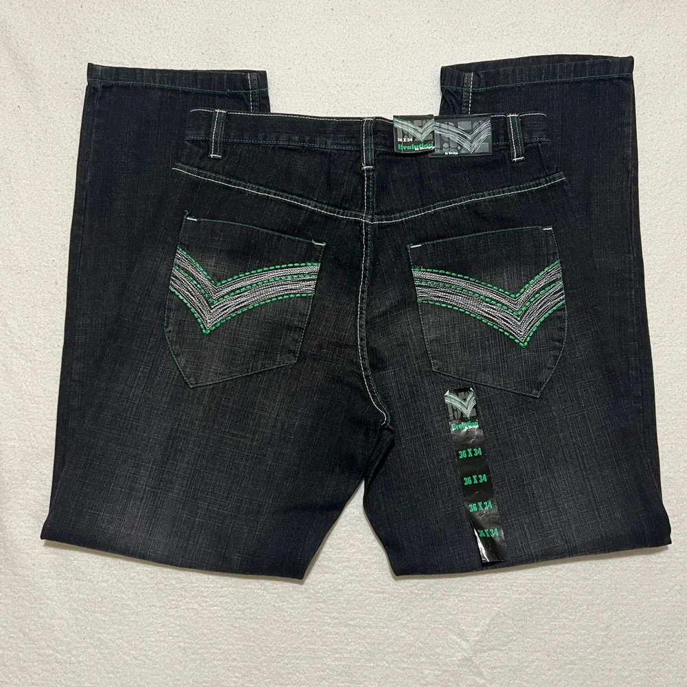 Evolution In Design Mens Black Green Contrast Stitch Jeans 36x34 NWT